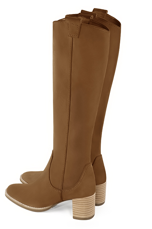 Caramel brown women's cowboy boots. Round toe. Medium block heels. Made to measure. Rear view - Florence KOOIJMAN